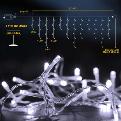 Christmas Lights, 13FT Extendable LED String Lights,Waterproof Outdoor Fairy Lights Curtain Lights Icicle Lights for Christmas Garden Patio Party Decoration